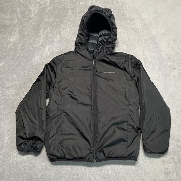 Eddie Bauer Jacket Kids Medium Black Grey Duck Down Reversible Packable Hooded - Picture 6 of 9